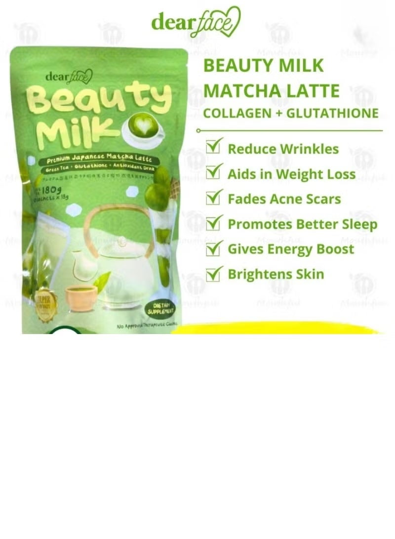 dear face Beauty Milk Matcha Latte Flavor Green Tea Glutathione Antioxidant Drink 10 sachets Whitens - Image 3