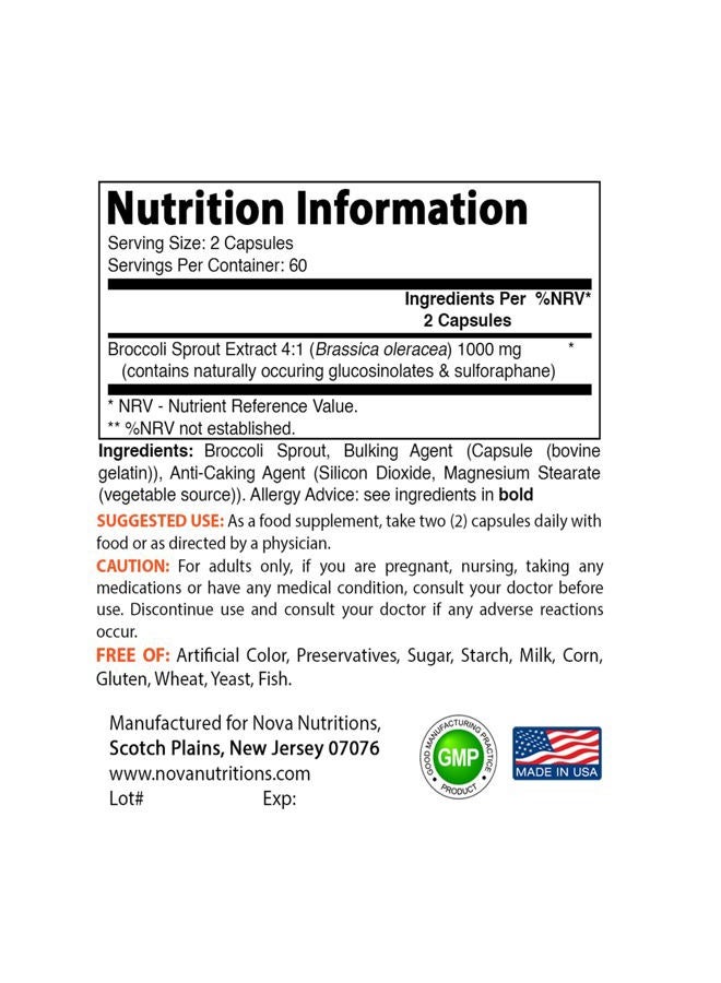 Nova Nutritions Broccoli Sprout Extract 1000 mg 120 Capsules by Nova Nutritions - Image 2