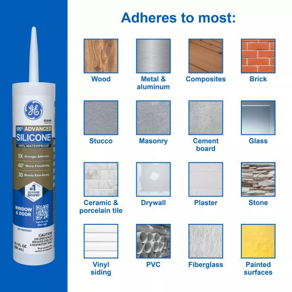 GE Advanced Silicone Caulk for Window & Door, Clear, 10 fl oz Cartridge, 1 Pack - 100% Waterproof Silicone Sealant, 5X Stronger Adhesion, Shrink & Crack Proof - Image 3