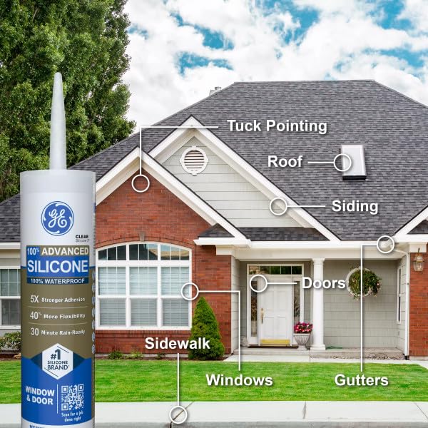 GE Advanced Silicone Caulk for Window & Door, Clear, 10 fl oz Cartridge, 1 Pack - 100% Waterproof Silicone Sealant, 5X Stronger Adhesion, Shrink & Crack Proof - Image 4