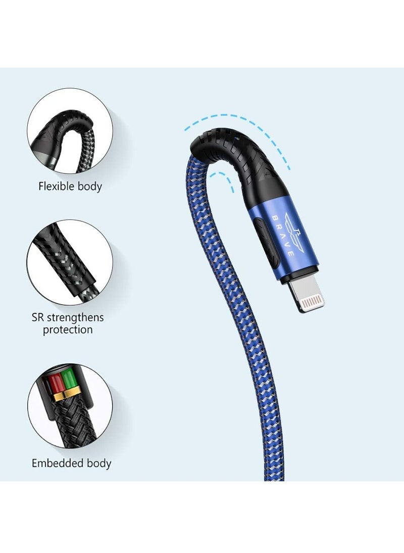 Brave - BRAVE 30w 2 in 1 pack USB to Lightning Nylon Braided Data Cable 3.1A Fast Charging for iPhone 14 Pro Max, iPhone 13 12 11 Pro Max Mini XS Plus 1m & 2m (Blue) - Image 1