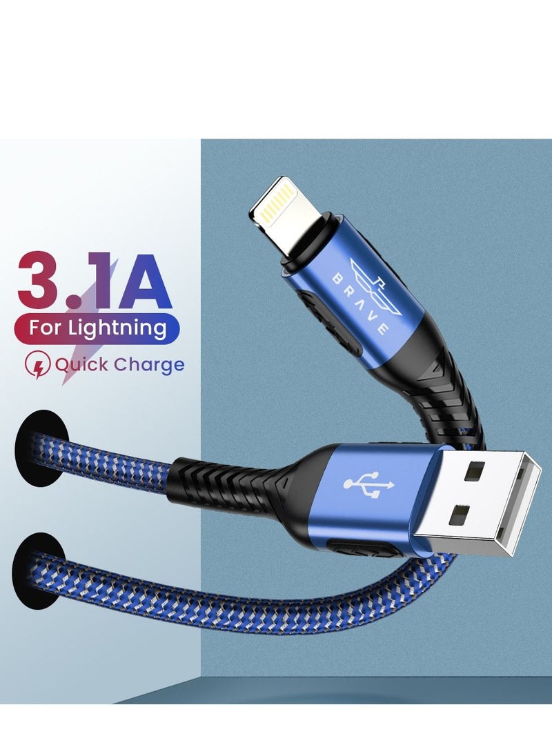 Brave - BRAVE 30w 2 in 1 pack USB to Lightning Nylon Braided Data Cable 3.1A Fast Charging for iPhone 14 Pro Max, iPhone 13 12 11 Pro Max Mini XS Plus 1m & 2m (Blue) - Image 1