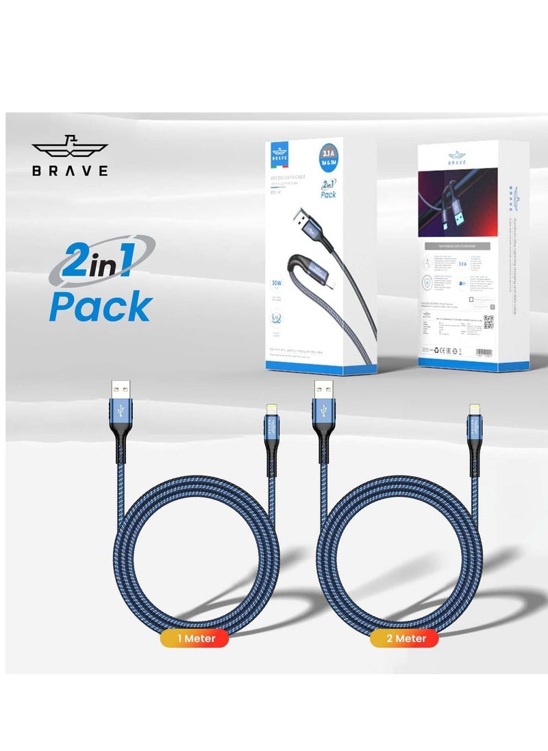 Brave - BRAVE 30w 2 in 1 pack USB to Lightning Nylon Braided Data Cable 3.1A Fast Charging for iPhone 14 Pro Max, iPhone 13 12 11 Pro Max Mini XS Plus 1m & 2m (Blue) - Image 1