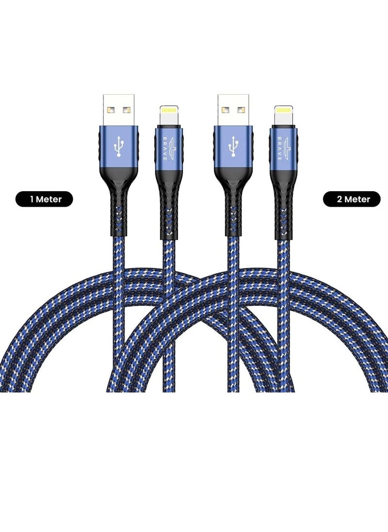 Brave - BRAVE 30w 2 in 1 pack USB to Lightning Nylon Braided Data Cable 3.1A Fast Charging for iPhone 14 Pro Max, iPhone 13 12 11 Pro Max Mini XS Plus 1m & 2m (Blue) - Image 1