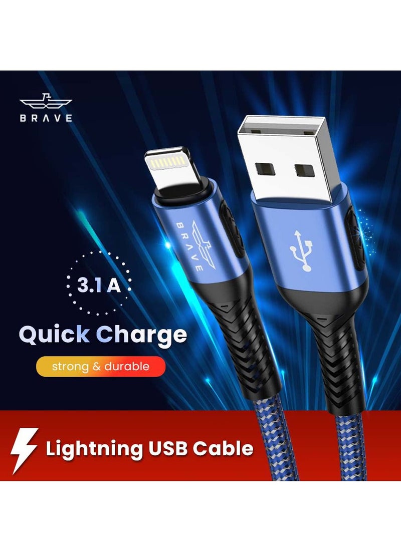 Brave - BRAVE 30w 2 in 1 pack USB to Lightning Nylon Braided Data Cable 3.1A Fast Charging for iPhone 14 Pro Max, iPhone 13 12 11 Pro Max Mini XS Plus 1m & 2m (Blue) - Image 1