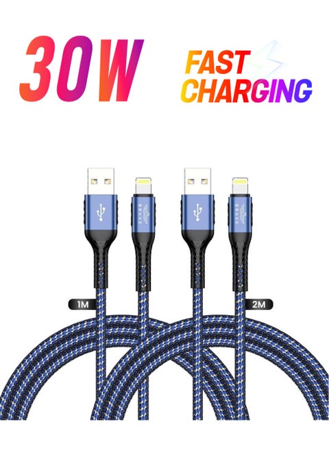 BRAVE 30w 2 in 1 pack USB to Lightning Nylon Braided Data Cable 3.1A Fast Charging for iPhone 14 Pro Max, iPhone 13 12 11 Pro Max Mini XS Plus 1m & 2m (Blue)