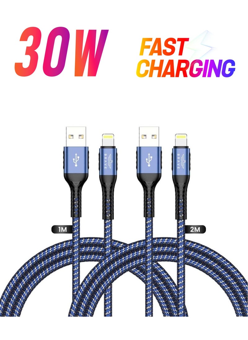 Brave - BRAVE 30w 2 in 1 pack USB to Lightning Nylon Braided Data Cable 3.1A Fast Charging for iPhone 14 Pro Max, iPhone 13 12 11 Pro Max Mini XS Plus 1m & 2m (Blue) - Image 1