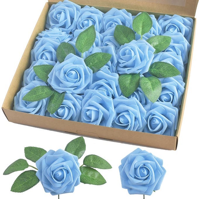 ARTIFICIAL ROSE 25PCS FOAM ARTIFICIAL FLOWERS WITH STEM FOR HOME DECORATIONS WEDDING BOUQUETS PARTY CERTERPIECES ANNIVERSARIESAQUA BLUE