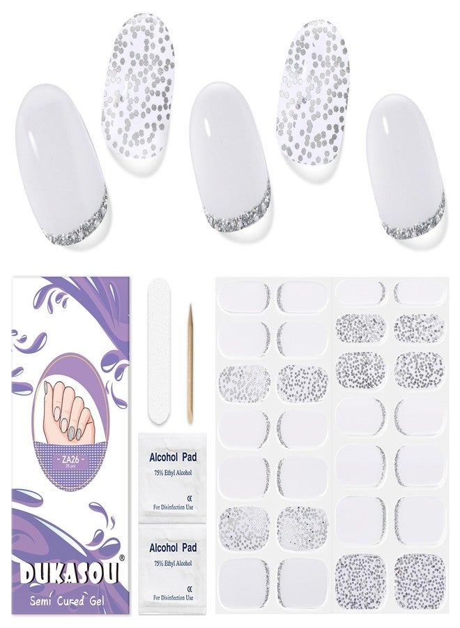 DUKASOU Semi Cured Gel Nail Strips, 28 pcs Gel Nail Stickers, Work with Any UV Lights, Shinny French Long-Lasting Nail Wraps, Stick on Nails for women Easy to Apply & Remove - Image 1