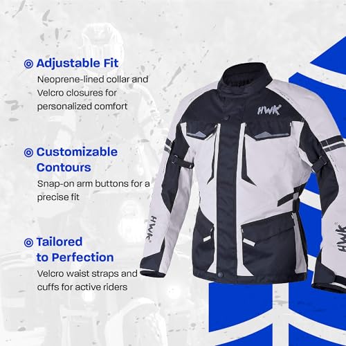 HWK Adventure Touring Motorcycle Jacket for Men, Water Resistant Cordura Textile Biker Jacket for Men, Durable and Stylish Moto Gear with CE Armor for Enduro Motorbike Riding - Grey, 3XL - Image 3