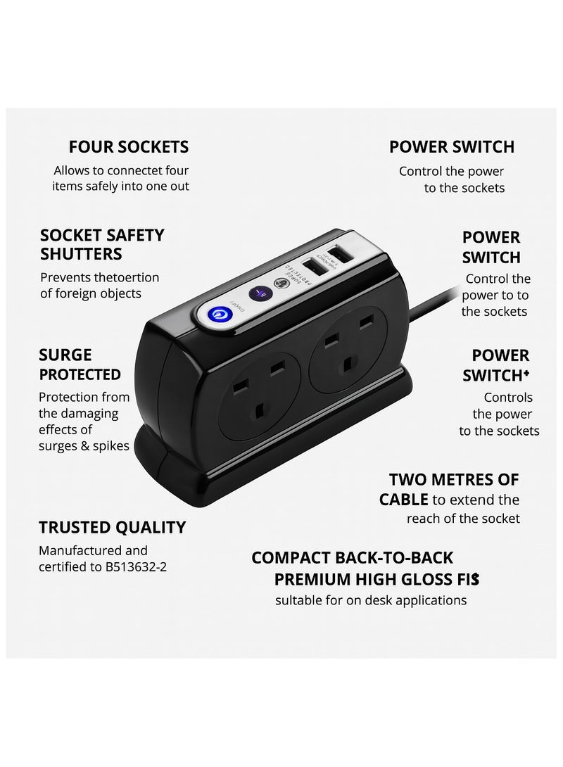 MASTERPLUG High Gloss 4 Compact Back To Back Socket 4 Meter With 2 USB Charging Ports Surge Protection - Image 5