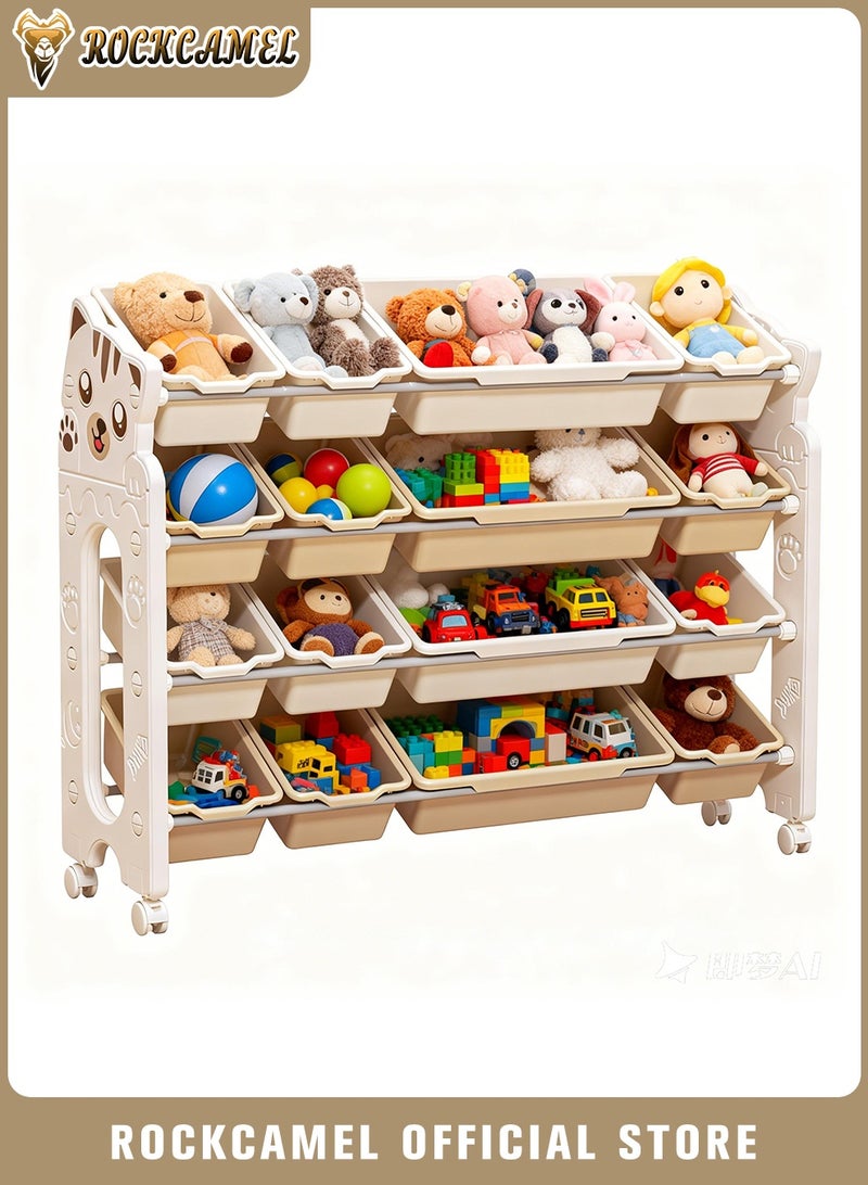 ROCKCAMEL 4-Tier Kids Toy Organizer with Wheels, Adorable Cat Design Storage Shelf with 16 Removable Storage Bins, Multi-Layer Bookshelf & Toy Storage Box for Nursery, Playroom, Easy Assembly (102.5*33*88.5cm) - Image 1