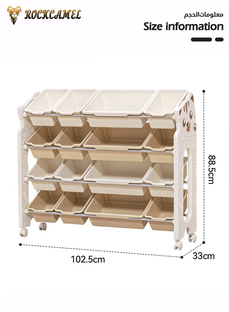 ROCKCAMEL 4-Tier Kids Toy Organizer with Wheels, Adorable Cat Design Storage Shelf with 16 Removable Storage Bins, Multi-Layer Bookshelf & Toy Storage Box for Nursery, Playroom, Easy Assembly (102.5*33*88.5cm) - Image 3