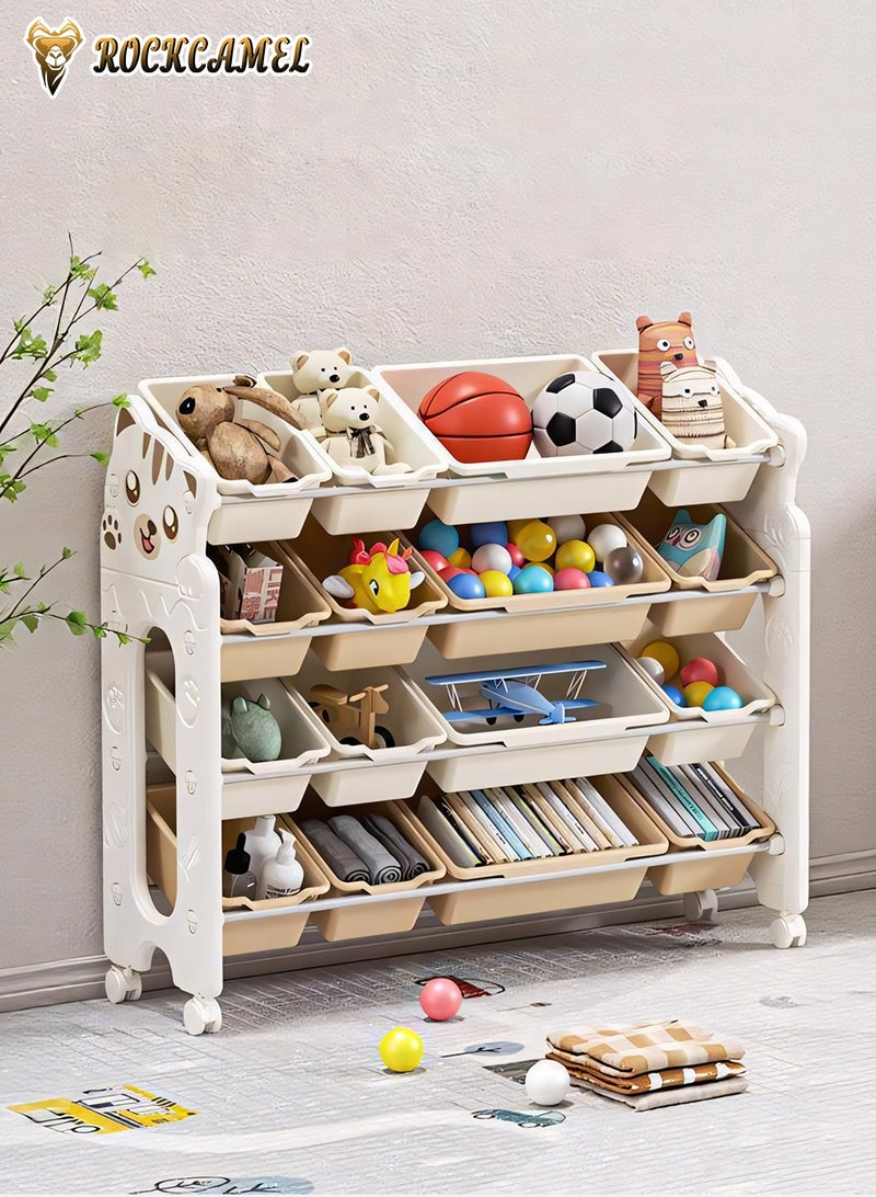 ROCKCAMEL 4-Tier Kids Toy Organizer with Wheels, Adorable Cat Design Storage Shelf with 16 Removable Storage Bins, Multi-Layer Bookshelf & Toy Storage Box for Nursery, Playroom, Easy Assembly (102.5*33*88.5cm) - Image 2