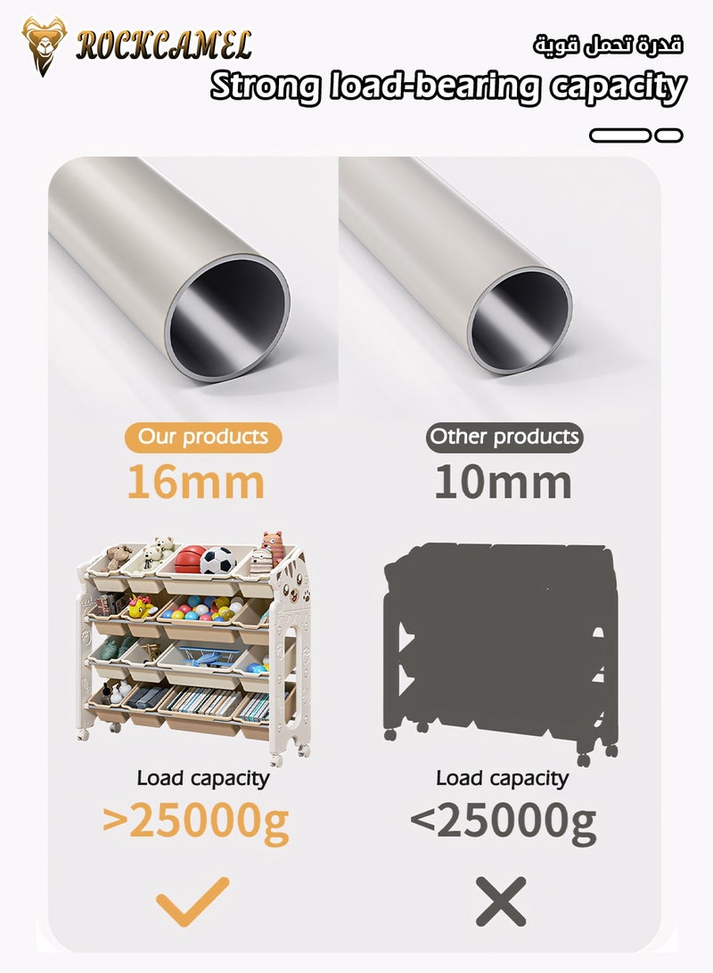 ROCKCAMEL 4-Tier Kids Toy Organizer with Wheels, Adorable Cat Design Storage Shelf with 16 Removable Storage Bins, Multi-Layer Bookshelf & Toy Storage Box for Nursery, Playroom, Easy Assembly (102.5*33*88.5cm) - Image 4