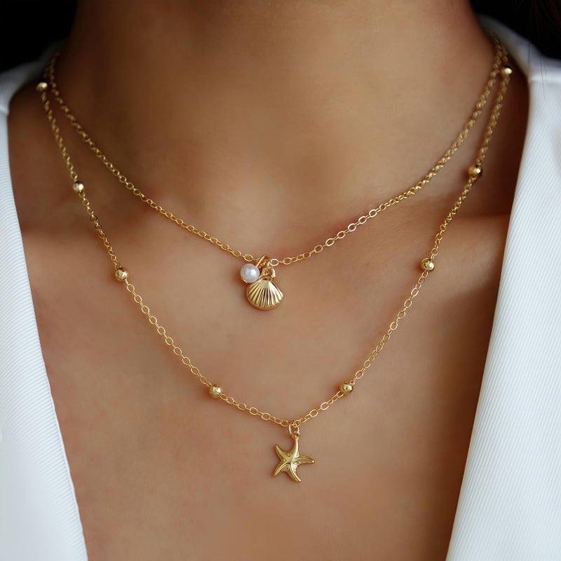 Nackiy Shell Starfish Necklace for Women, 14k Gold Boho Layered Beaded Charm Pendant Necklace, Dainty Adjustable Pearl Conch Summer Beach Vacation Jewelry Gifts(Shell&Starfish 2pcs) - Image 2