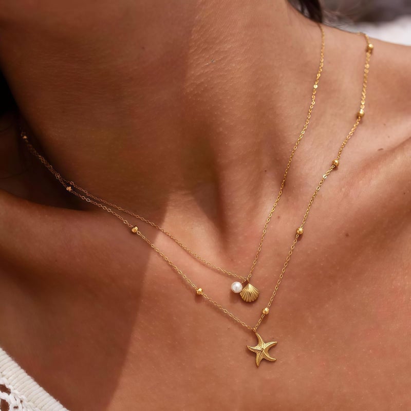Nackiy Shell Starfish Necklace for Women, 14k Gold Boho Layered Beaded Charm Pendant Necklace, Dainty Adjustable Pearl Conch Summer Beach Vacation Jewelry Gifts(Shell&Starfish 2pcs) - Image 3