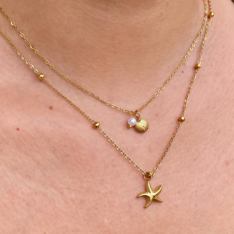 Nackiy Shell Starfish Necklace for Women, 14k Gold Boho Layered Beaded Charm Pendant Necklace, Dainty Adjustable Pearl Conch Summer Beach Vacation Jewelry Gifts(Shell&Starfish 2pcs) - Image 5