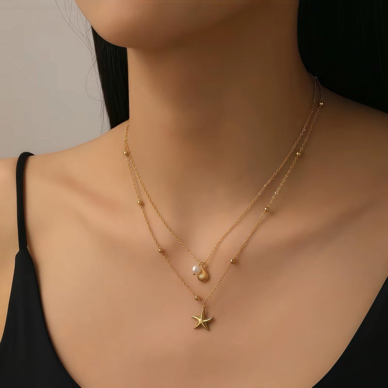 Nackiy Shell Starfish Necklace for Women, 14k Gold Boho Layered Beaded Charm Pendant Necklace, Dainty Adjustable Pearl Conch Summer Beach Vacation Jewelry Gifts(Shell&Starfish 2pcs) - Image 4