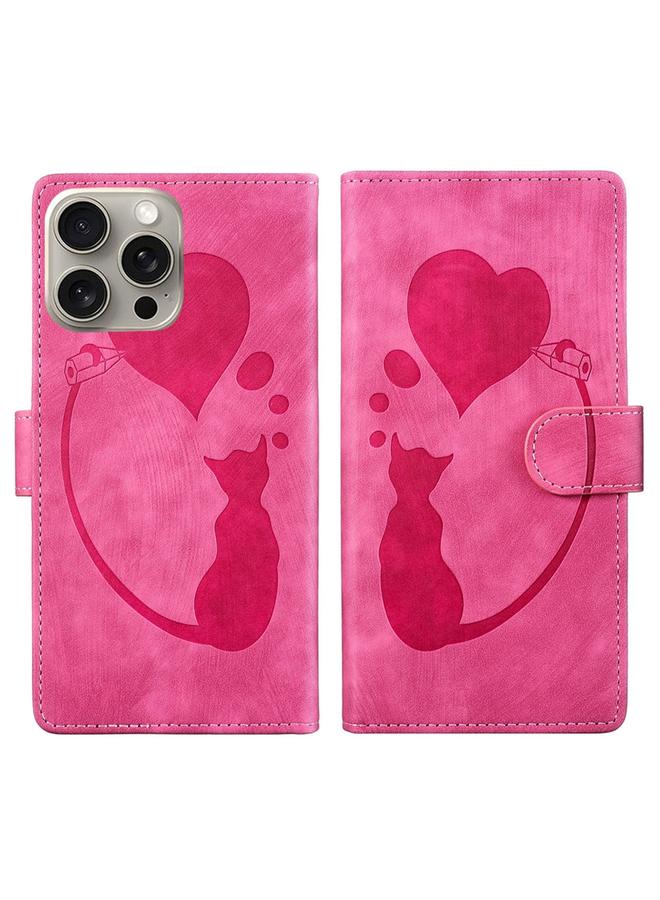 اس-توب جراب هاتف iPhone 14 Pro من الجلد المنقوش على شكل قلب وقط - Image 1