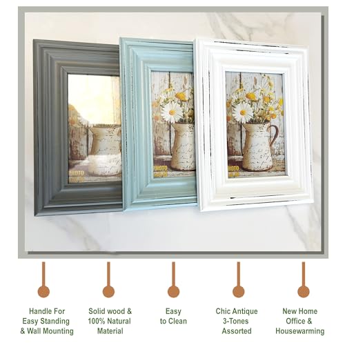 EXQUIDECA Vintage 4x6 Inches Wooden Picture Frame Pack of 3 Farmhouse Aqua Grey White - Rustic Thick Wood High Definition Glass Photo Frame Outside 6x8 Inches - 2 Ways Display Tabletop or Wall Mounted - Image 3