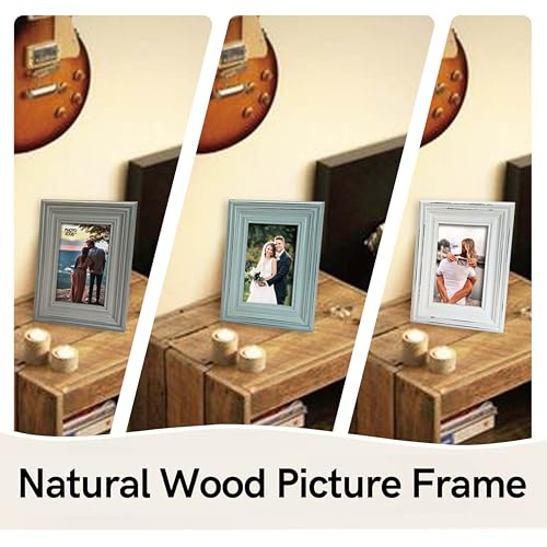 EXQUIDECA Vintage 4x6 Inches Wooden Picture Frame Pack of 3 Farmhouse Aqua Grey White - Rustic Thick Wood High Definition Glass Photo Frame Outside 6x8 Inches - 2 Ways Display Tabletop or Wall Mounted - Image 4