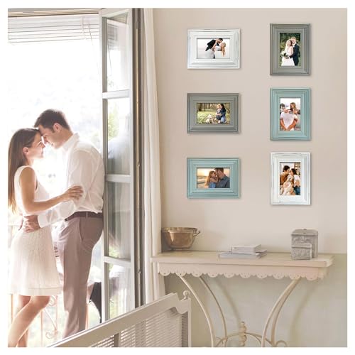 EXQUIDECA Vintage 4x6 Inches Wooden Picture Frame Pack of 3 Farmhouse Aqua Grey White - Rustic Thick Wood High Definition Glass Photo Frame Outside 6x8 Inches - 2 Ways Display Tabletop or Wall Mounted - Image 5
