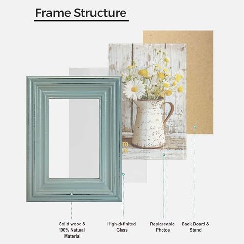 EXQUIDECA Vintage 4x6 Inches Wooden Picture Frame Pack of 3 Farmhouse Aqua Grey White - Rustic Thick Wood High Definition Glass Photo Frame Outside 6x8 Inches - 2 Ways Display Tabletop or Wall Mounted - Image 2