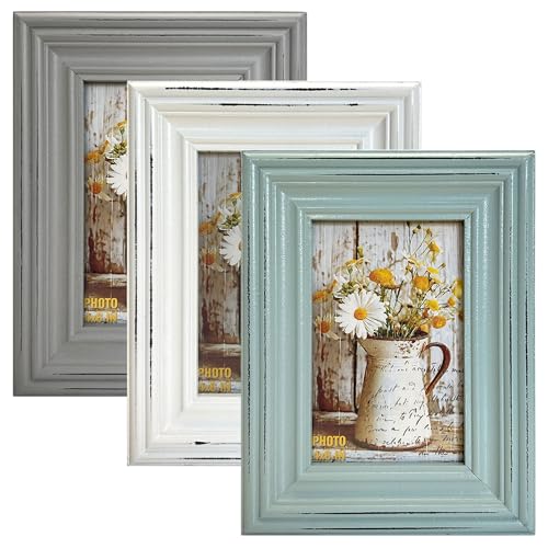 EXQUIDECA Vintage 4x6 Inches Wooden Picture Frame Pack of 3 Farmhouse Aqua Grey White - Rustic Thick Wood High Definition Glass Photo Frame Outside 6x8 Inches - 2 Ways Display Tabletop or Wall Mounted - Image 1