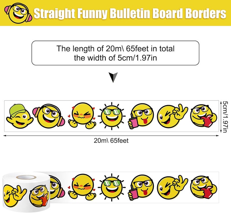 كلاراكو حدود لوحة إعلانات مستقيمة بطول 65 قدمًا برسومات وجه مبتسم وعاطفة، شرائط حدود لوحة إعلانات برسومات عاطفية مضحكة، قصاصات لوحات، ديكورات للفصول الدراسية أو المدرسة المنزلية، حواف لوحة إعلانات الوجه - Image 2