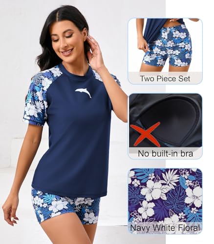 Halcurt Women Short Sleeve Rash Guard Set Swim Shirt Shorts Swimsuits with Sleeves Navy Floral L - Image 2