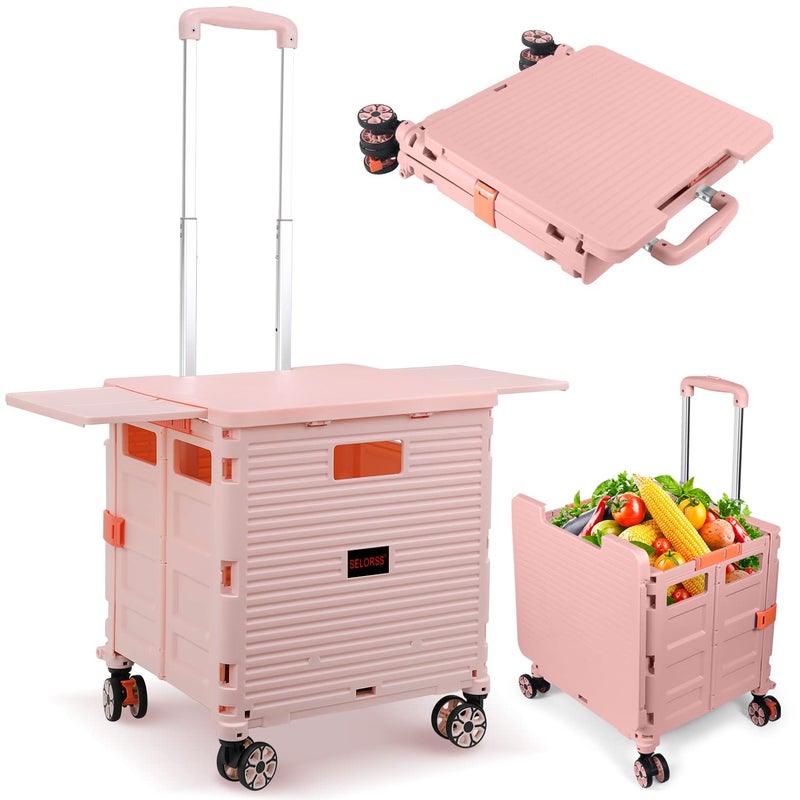 SELORSS Foldable Utility Cart Collapsible Portable Crate Rolling Carts with Wheels Tote Basket with Magnetic Lid Telescopic Cover WearResistant 360Rotate Wheel Noiseless for Shopping Storage Office Use 