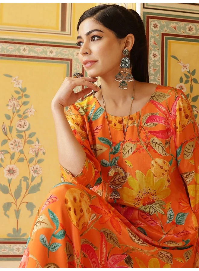 AKS AKS Couture Round Neck Floral Printed Regular Silk Crepe Kurta with Palazzo