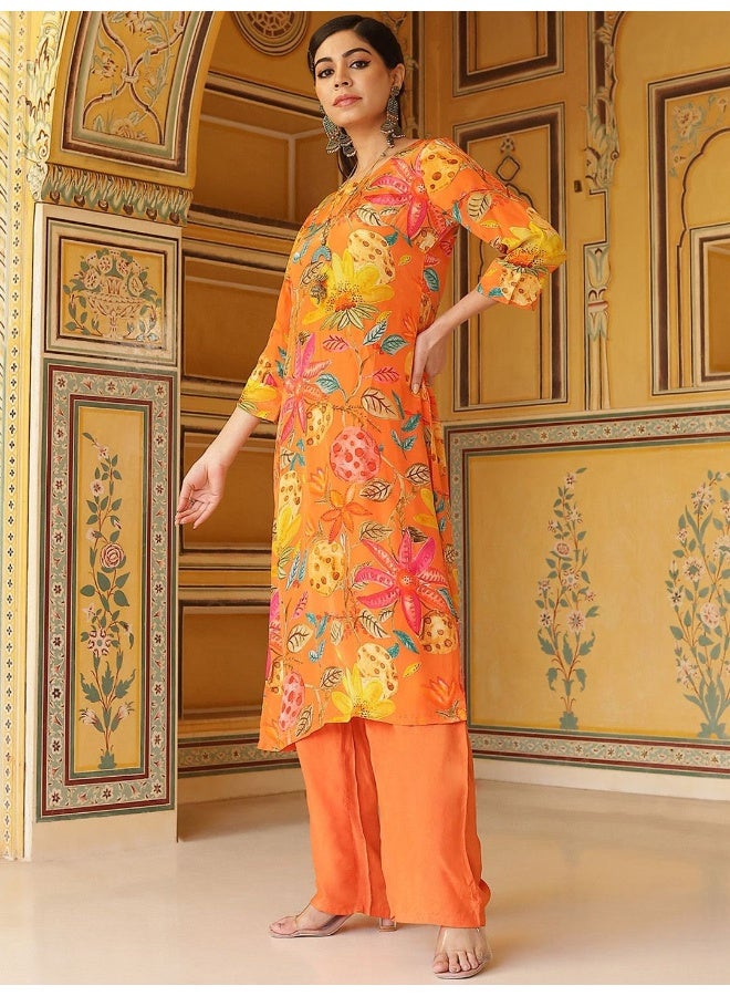 أيه كيه إس أكس كوتور قميص حريري مطبوع بالزهور بياقة مستديرة مع بنطلون بالازو - Image 5