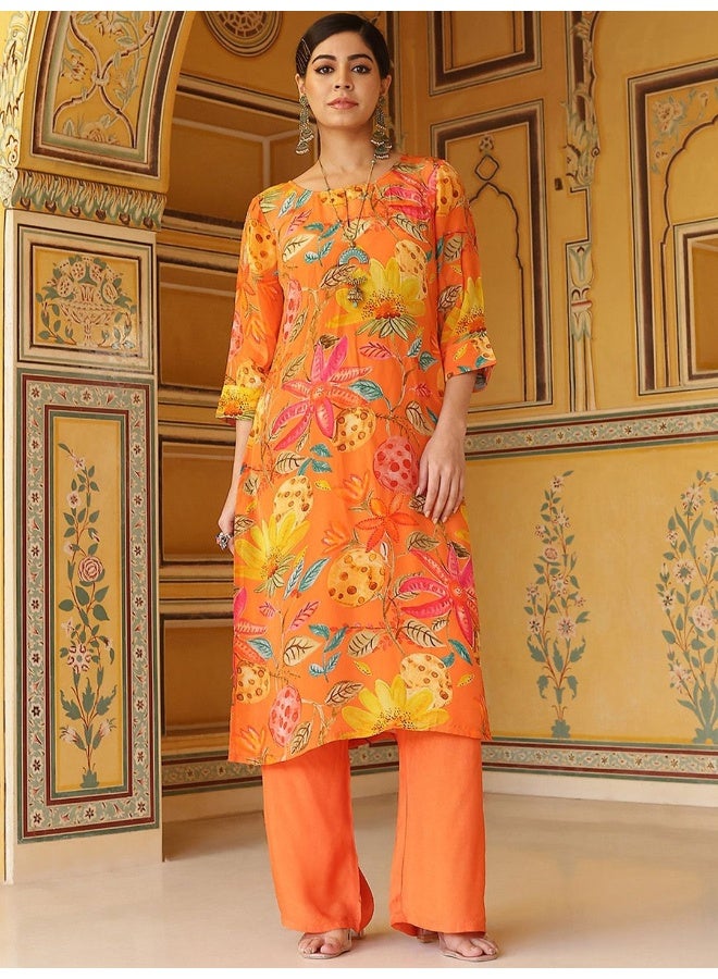 أيه كيه إس أكس كوتور قميص حريري مطبوع بالزهور بياقة مستديرة مع بنطلون بالازو - Image 1