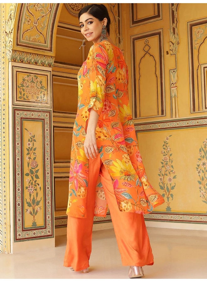 أيه كيه إس أكس كوتور قميص حريري مطبوع بالزهور بياقة مستديرة مع بنطلون بالازو - Image 4