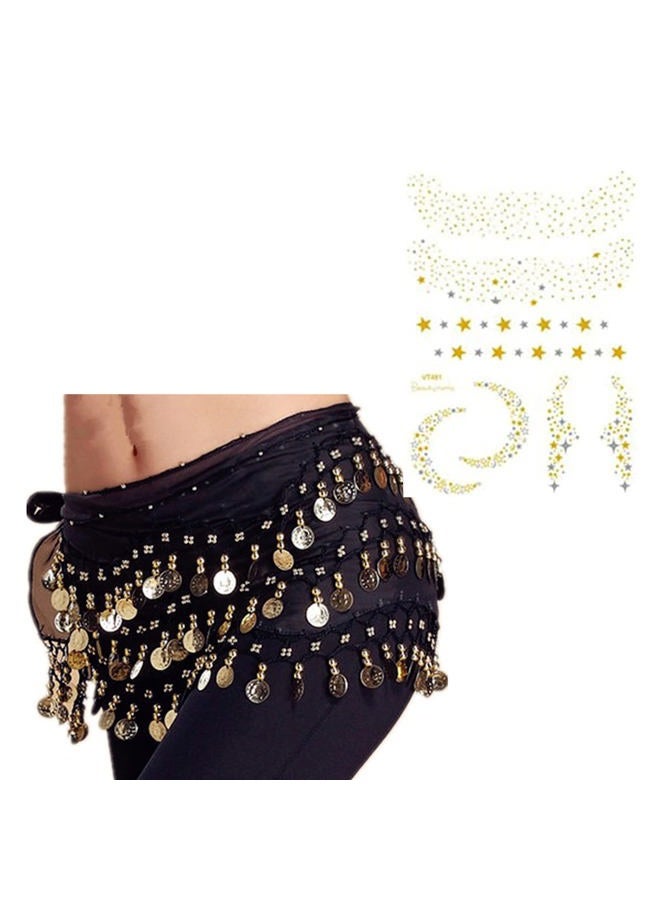 XHBTS Multi-Row Gold Coins Belly Dance Wrap & Hip Scarf, Simple Classical Style -Black 128 Gold Coins Dance Skirt and Face Tattoo Sticker Metallic Temporary Transfer Tattoo  - Image 1