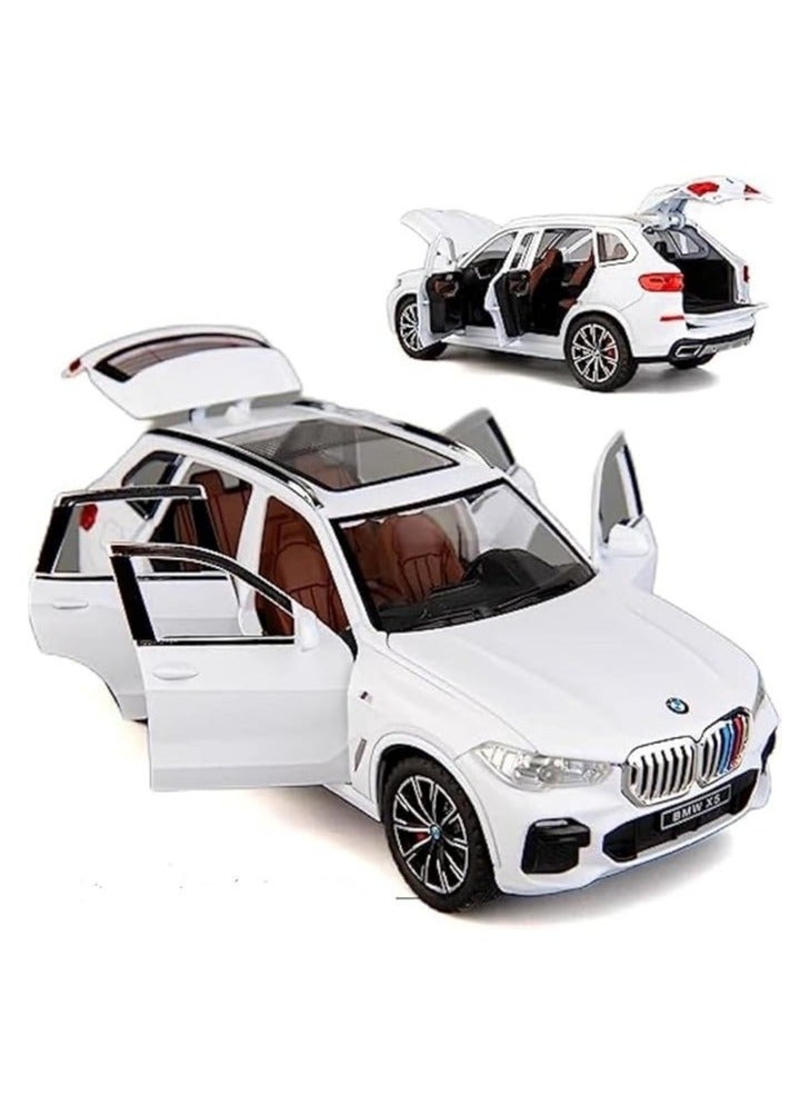1:32 scale metal car model BMW X5 with pull-back wheels, featuring light and sound, 4 opening doors, trunk, and hood (white) 