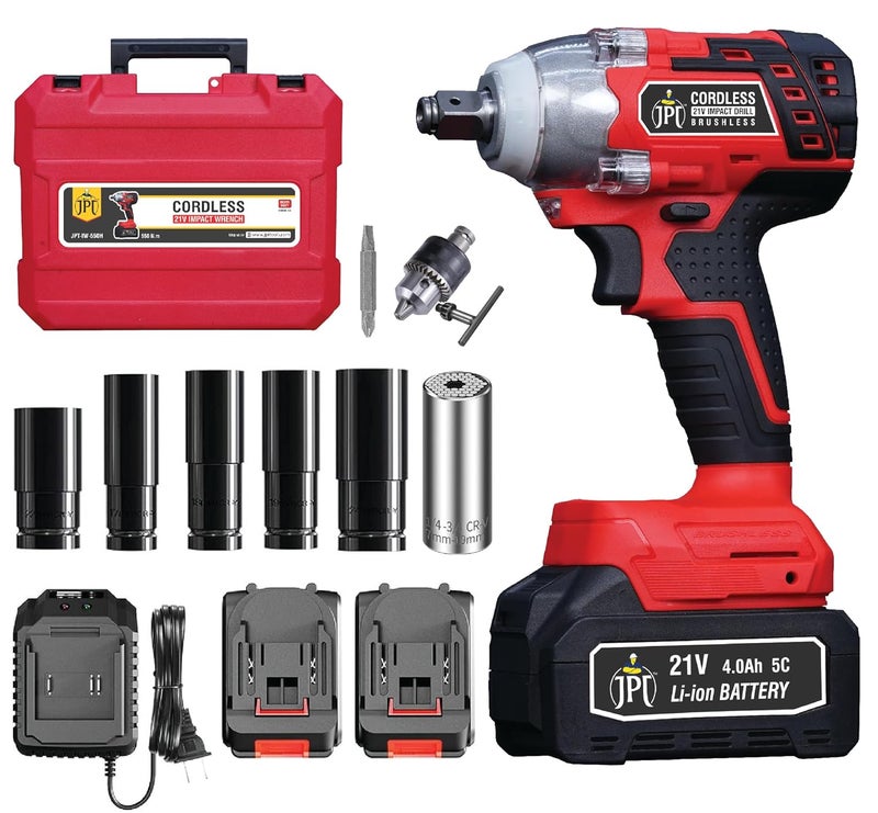 JPT مفتاح تأثير لاسلكي عالي القوة 21 فولت | محرك بدون فرش | عزم دوران 550Nm | سرعة 4200RPM | سداسي 1/2" | بطارية 4.0mAh | شاحن سريع | مجموعة لقم الحفر وموصل | قابس عالمي - Image 1