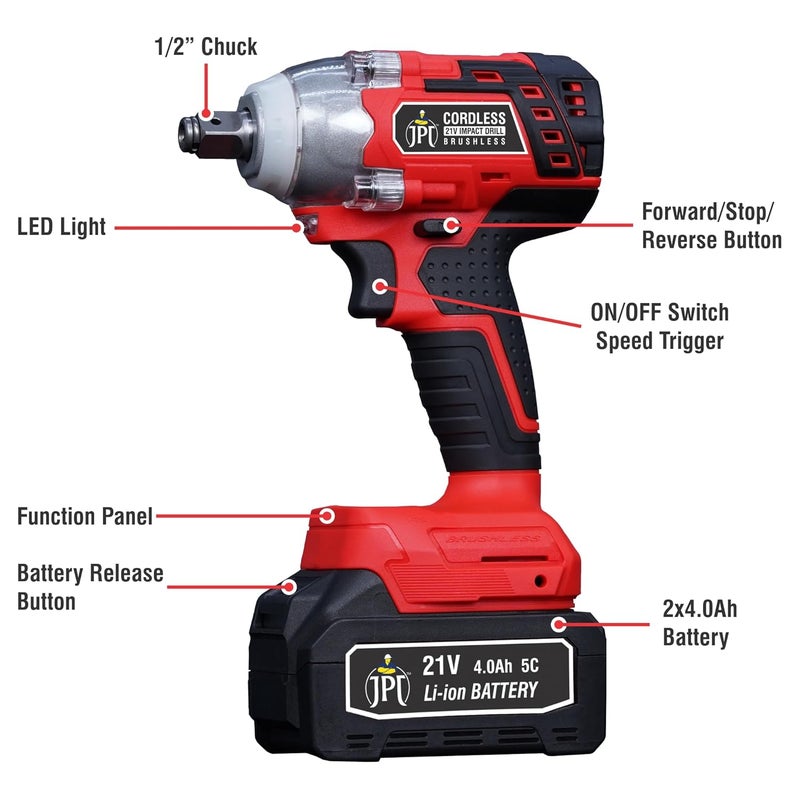 JPT مفتاح تأثير لاسلكي عالي القوة 21 فولت | محرك بدون فرش | عزم دوران 550Nm | سرعة 4200RPM | سداسي 1/2" | بطارية 4.0mAh | شاحن سريع | مجموعة لقم الحفر وموصل | قابس عالمي - Image 2