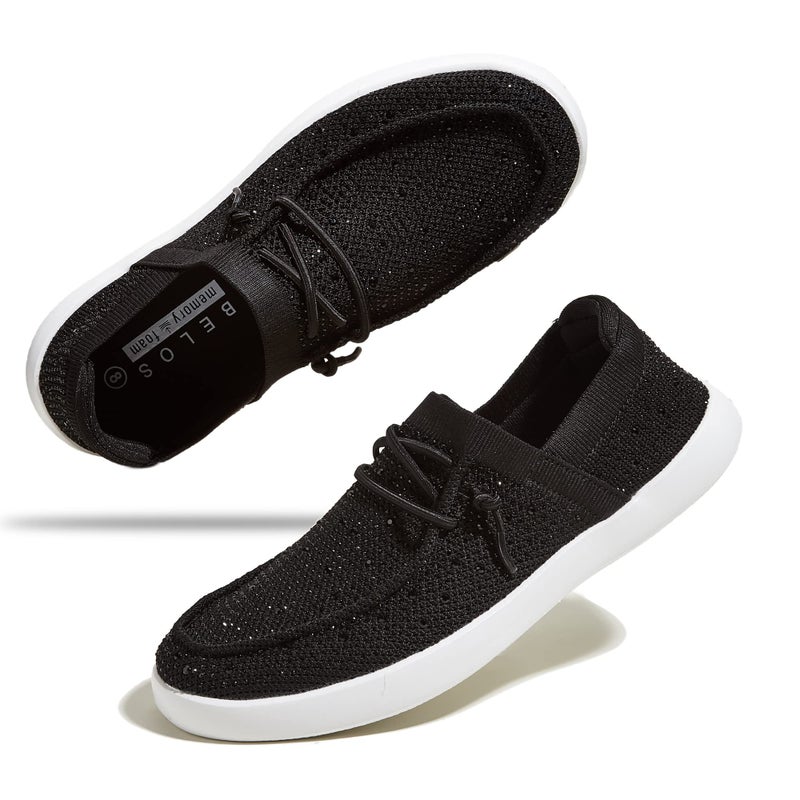 BELOS Women's Rhinestone Lace Up Loafers Shoes Comfortable Slip On Mesh Knit Walking Shoes Fashion Lightweight Sparkly Glitter Sneaker(Black,11 - Image 1
