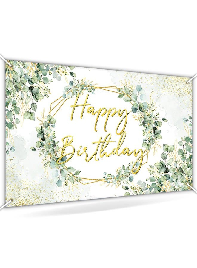Avezano Sage Green Birthday Backdrop Greenery Eucalyptus Leaves Birthday Party Background Happy Birthday Party Decorations for Women Adults 70.8x43.3 inch - Image 1