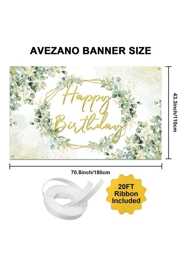 Avezano Sage Green Birthday Backdrop Greenery Eucalyptus Leaves Birthday Party Background Happy Birthday Party Decorations for Women Adults 70.8x43.3 inch - Image 4
