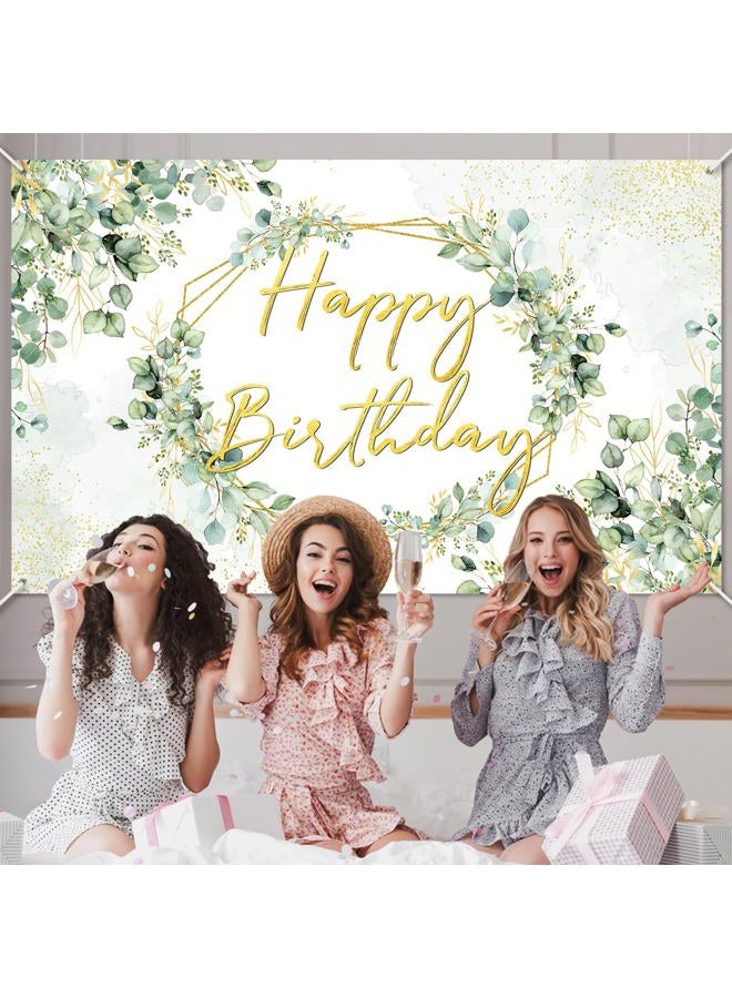 Avezano Sage Green Birthday Backdrop Greenery Eucalyptus Leaves Birthday Party Background Happy Birthday Party Decorations for Women Adults 70.8x43.3 inch - Image 3