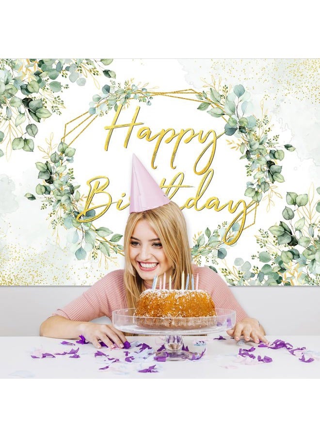 Avezano Sage Green Birthday Backdrop Greenery Eucalyptus Leaves Birthday Party Background Happy Birthday Party Decorations for Women Adults 70.8x43.3 inch - Image 5
