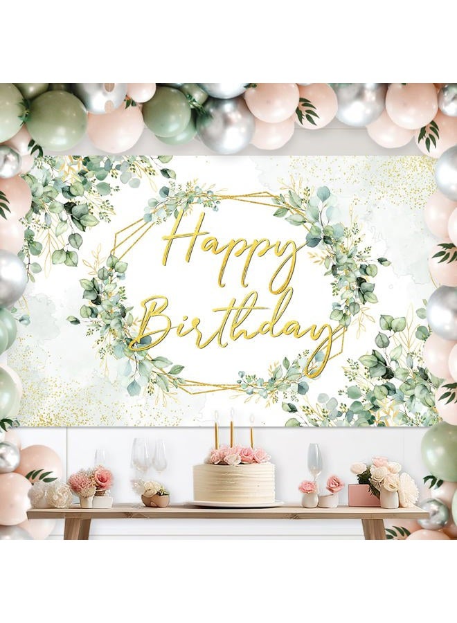 Avezano Sage Green Birthday Backdrop Greenery Eucalyptus Leaves Birthday Party Background Happy Birthday Party Decorations for Women Adults 70.8x43.3 inch - Image 2