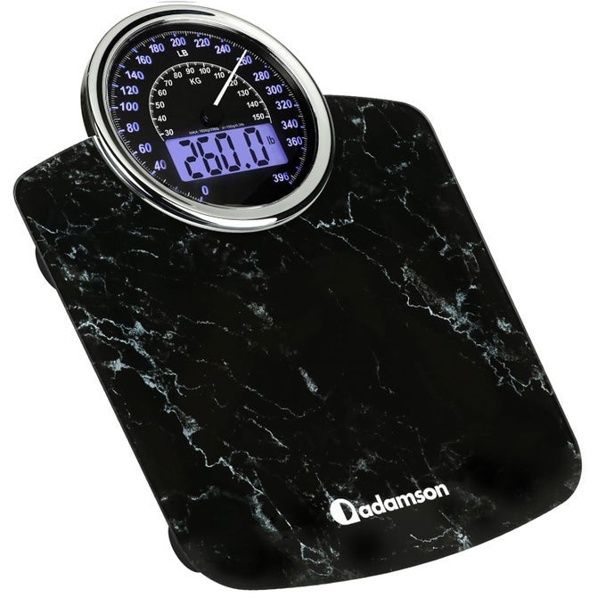 HYBRID 2IN1 ANALOG DIGITAL WEIGHING SCALE FOR BODY WEIGHT UP TO 400LBS THICK TEMPERED GLASS EXTRA LARGE DISPLAY EASY TO READ DIGITAL BATHROOM SCALE NEW MARBLE BLACK