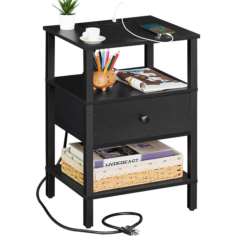 Lerliuo Nightstand with Charging Station and USB Ports 3Tier Storage End Table with Drawer Shelf Night Stand for Small Spaces Wood Bed Side Table for Living Room Bedroom Classic Black