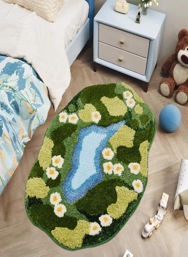 Sisher Cute Green Floral Area Rugs,Moss Bath Mat Soft Absorbent Bath mat Boho Bathroom Decor Moss Rugs for Bedroom and Kitchen Non Slip 3D Rug 31"×21" - Image 2