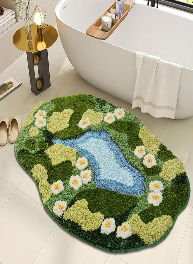 Sisher Cute Green Floral Area Rugs,Moss Bath Mat Soft Absorbent Bath mat Boho Bathroom Decor Moss Rugs for Bedroom and Kitchen Non Slip 3D Rug 31"×21" - Image 1